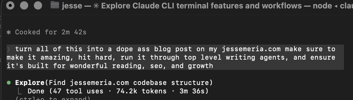 Screenshot of Claude Code terminal showing the prompt that generated this blog post