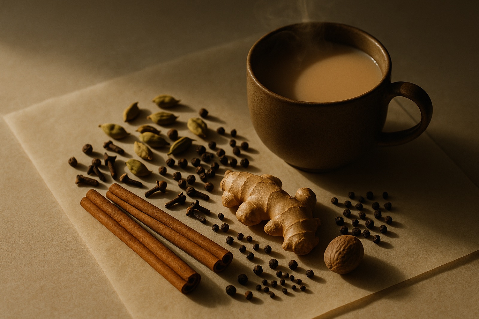 Whole chai spices — cinnamon, cardamom, ginger, clove, peppercorns — scattered beside a steaming cup