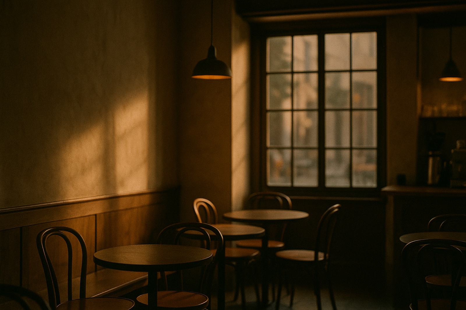 A warm cafe interior at golden hour — the room alive with light and atmosphere